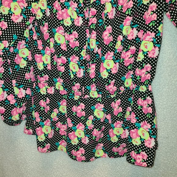Betsey Johnson Long Sleeve Blouse Puffy Elastic Sleeve XL Black Pink Floral Whit - Picture 5 of 6